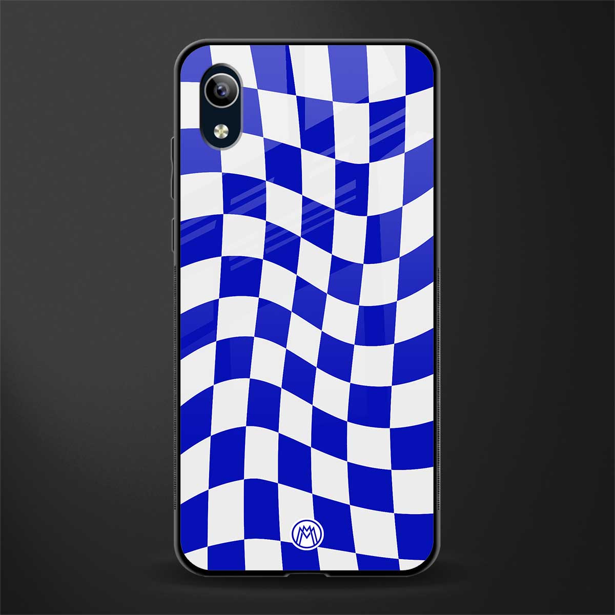 blue white trippy check pattern glass case for vivo y1s without fingerprint image