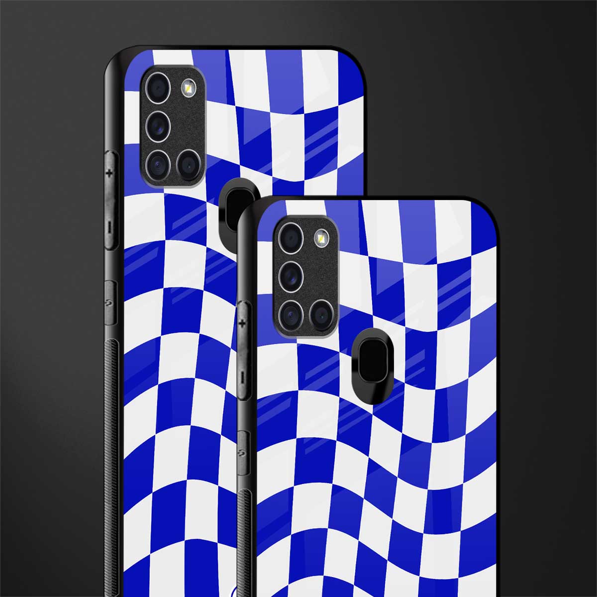 blue white trippy check pattern glass case for samsung galaxy a21s image-2