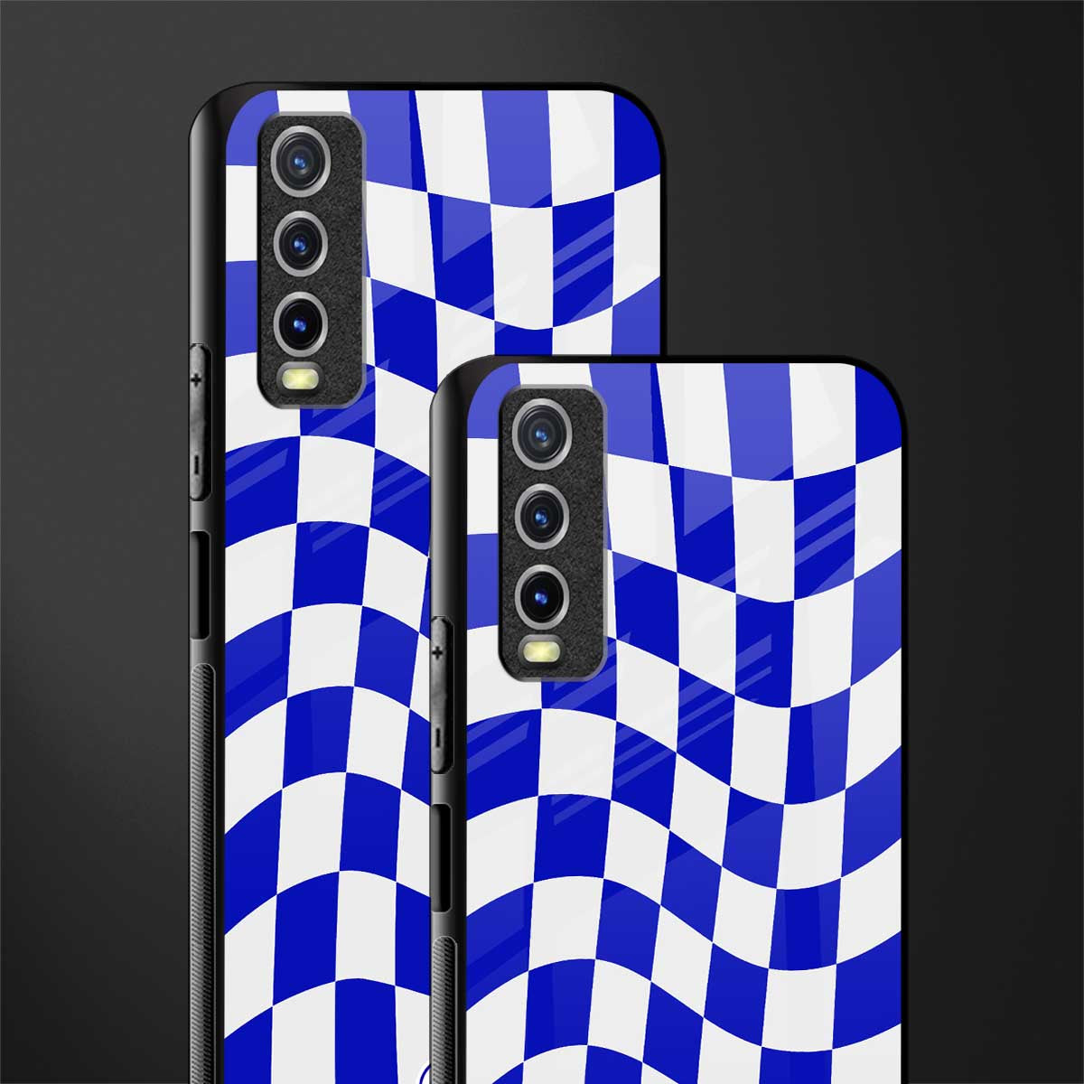 blue white trippy check pattern glass case for vivo y12s image-2