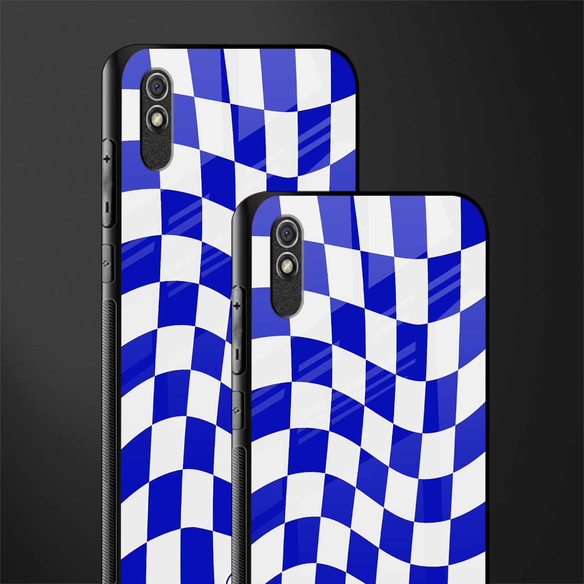blue white trippy check pattern glass case for redmi 9i image-2