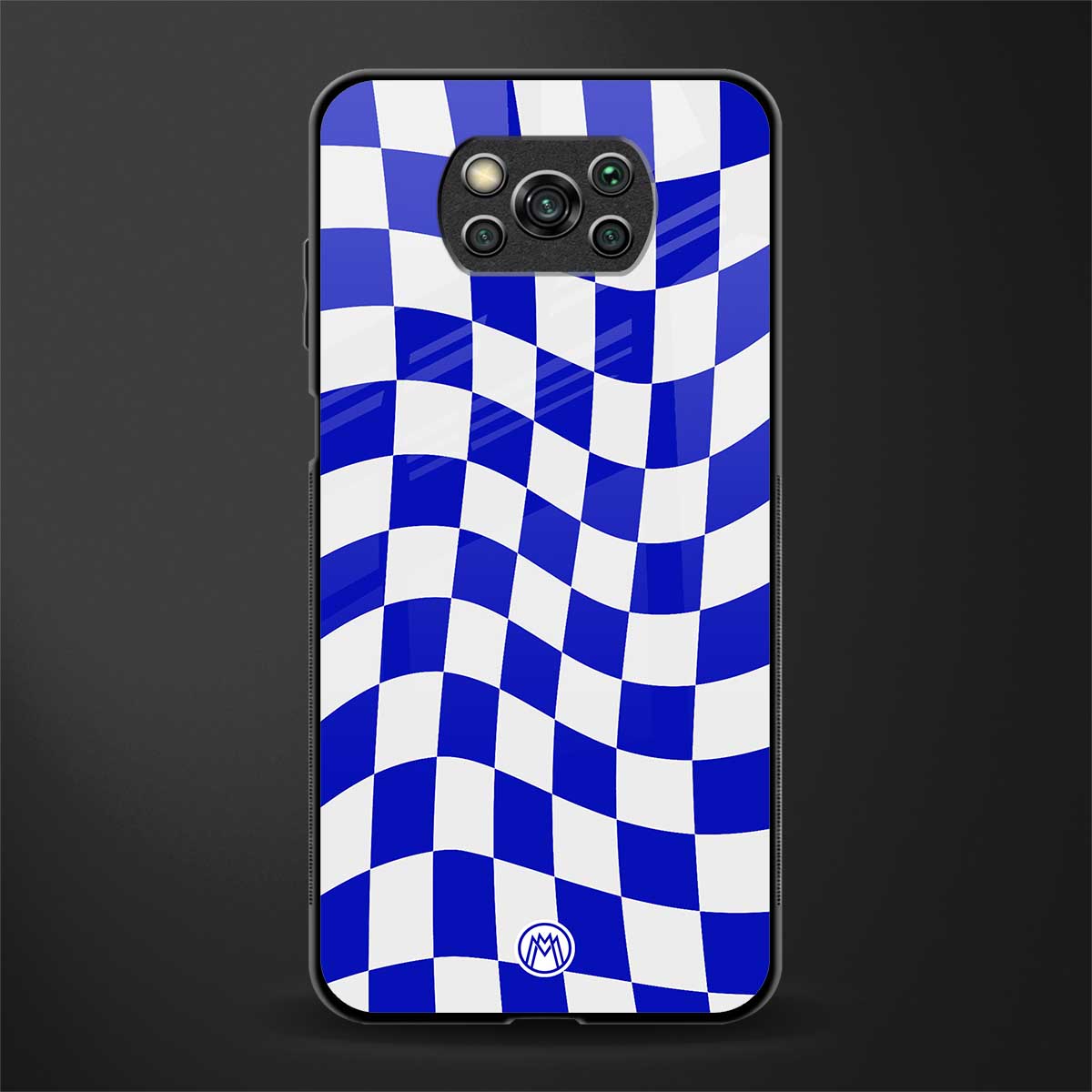blue white trippy check pattern glass case for poco x3 image