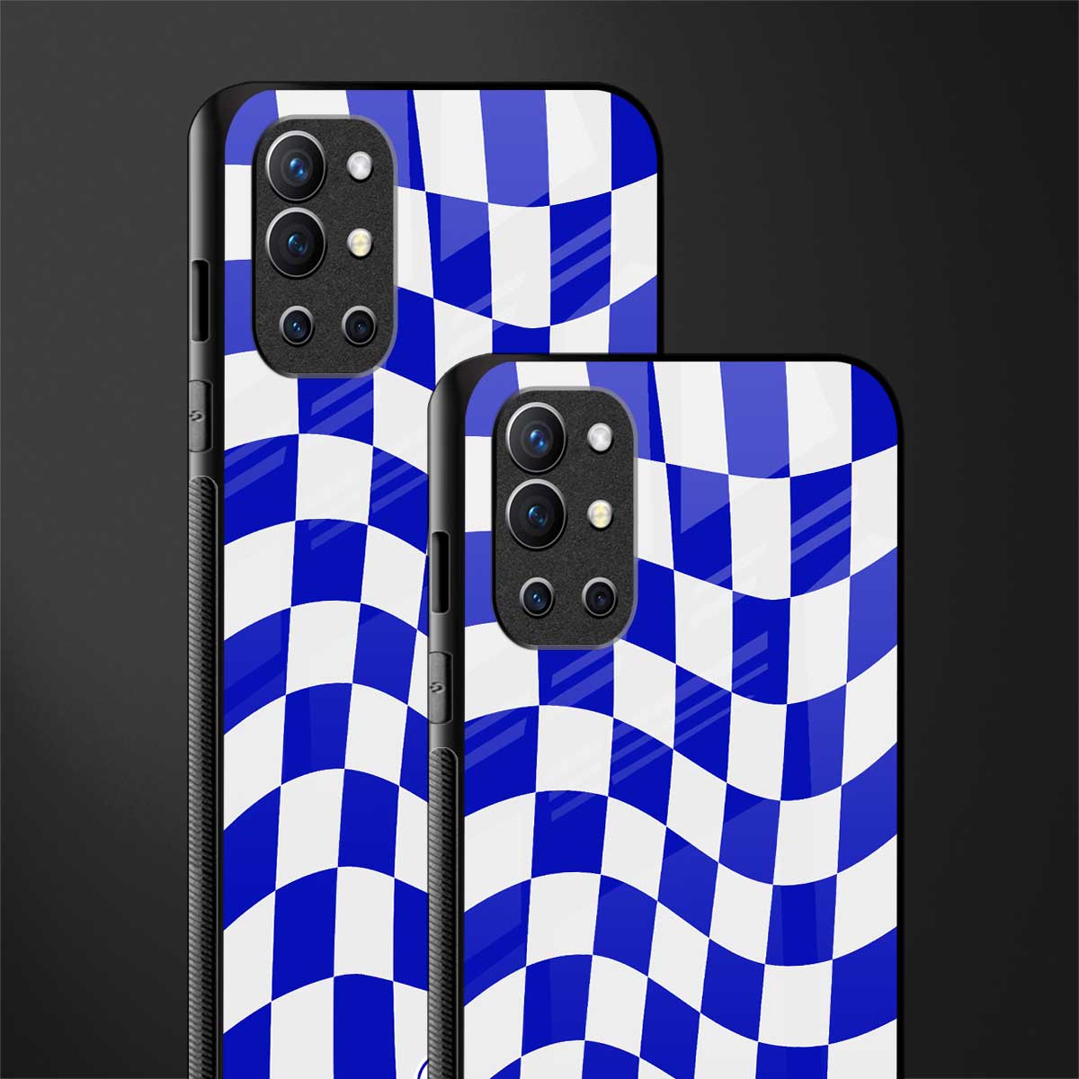 blue white trippy check pattern glass case for oneplus 9r image-2