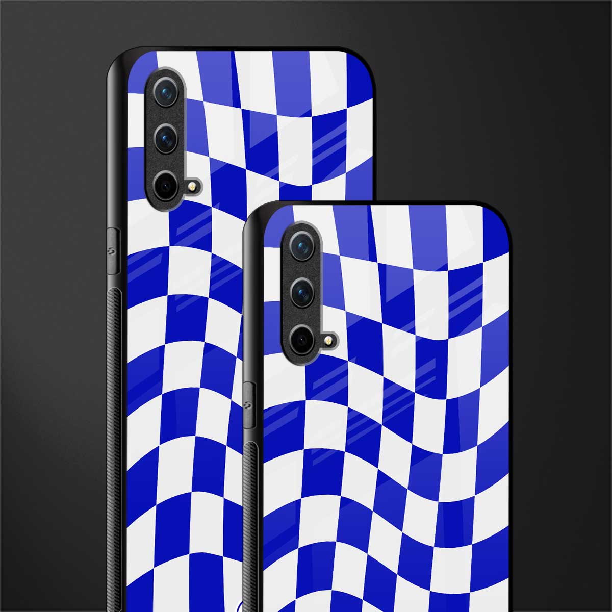 blue white trippy check pattern glass case for oneplus nord ce 5g image-2