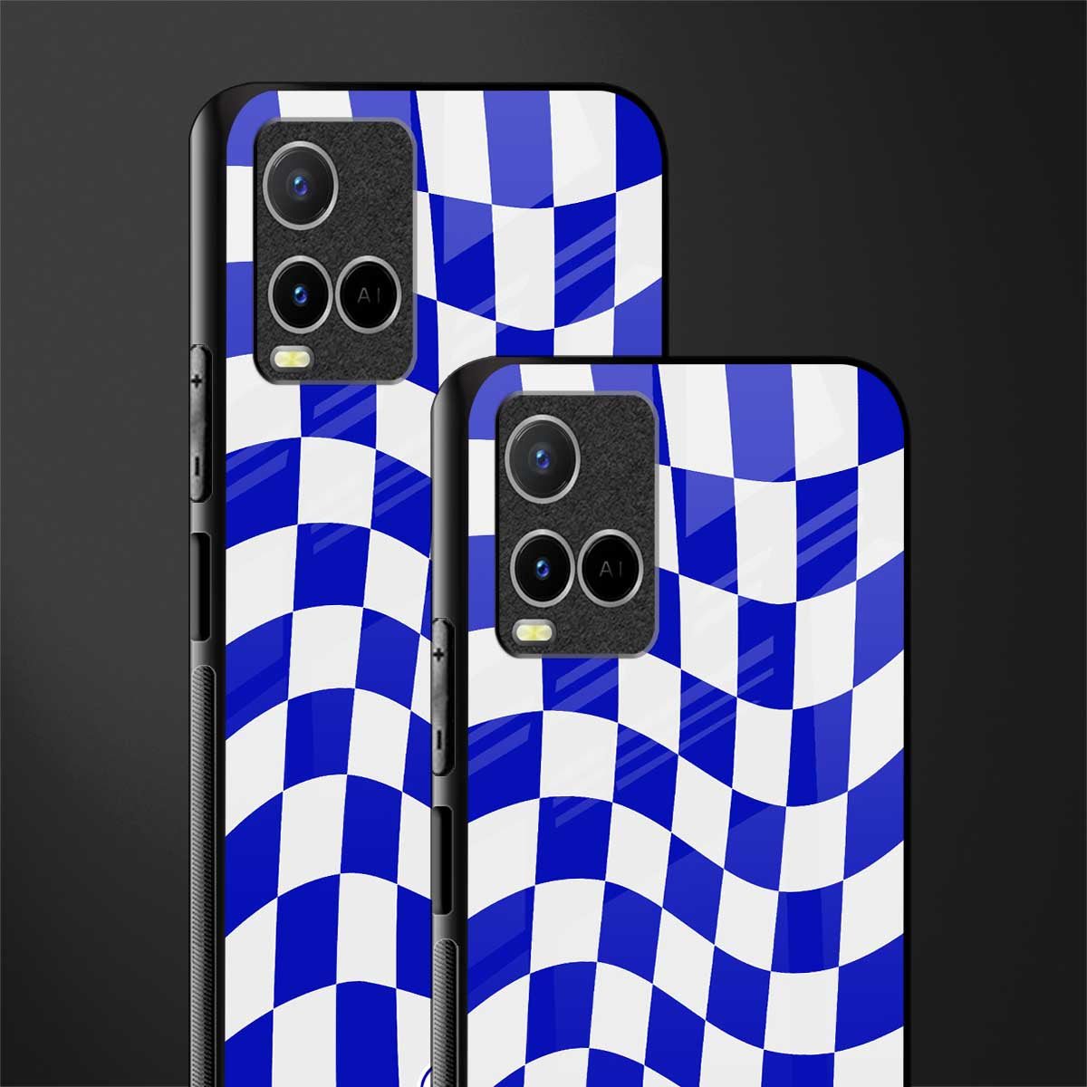 blue white trippy check pattern glass case for vivo y33s vivo y33t image-2