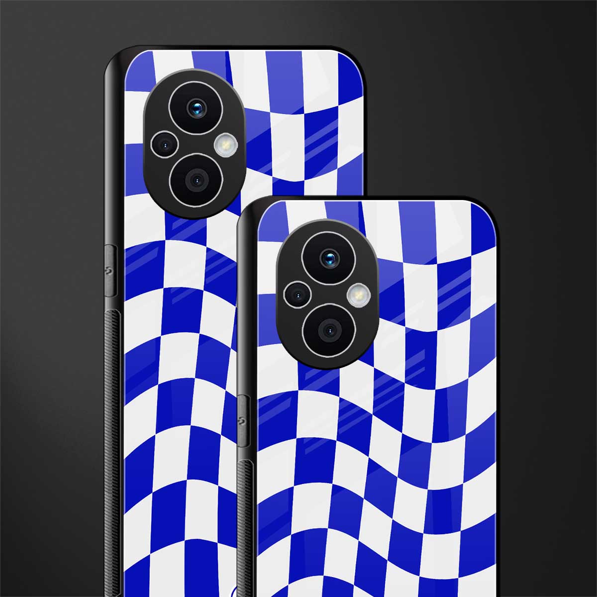 blue white trippy check pattern back phone cover | glass case for oppo f21 pro 5g