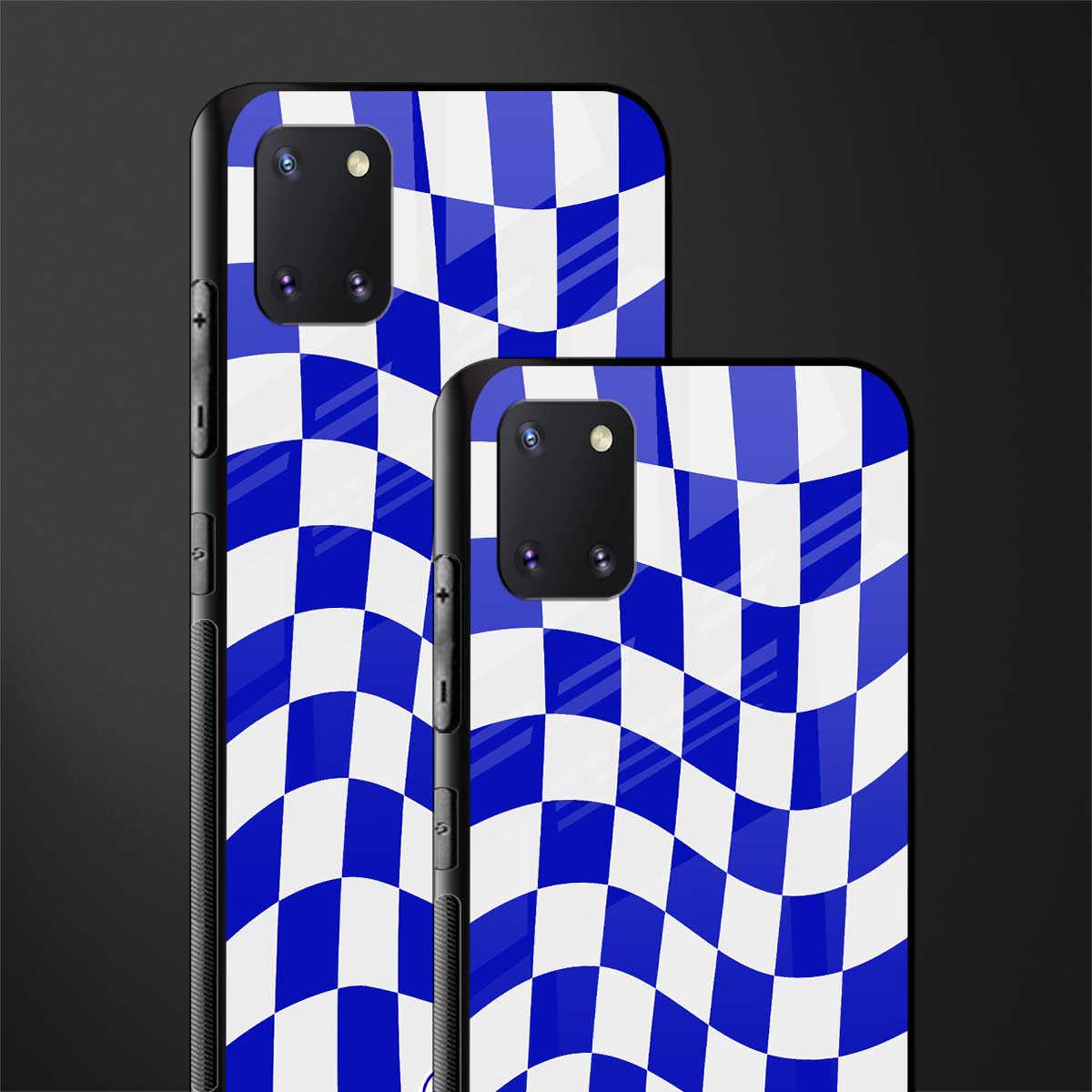 blue white trippy check pattern glass case for samsung a81 image-2