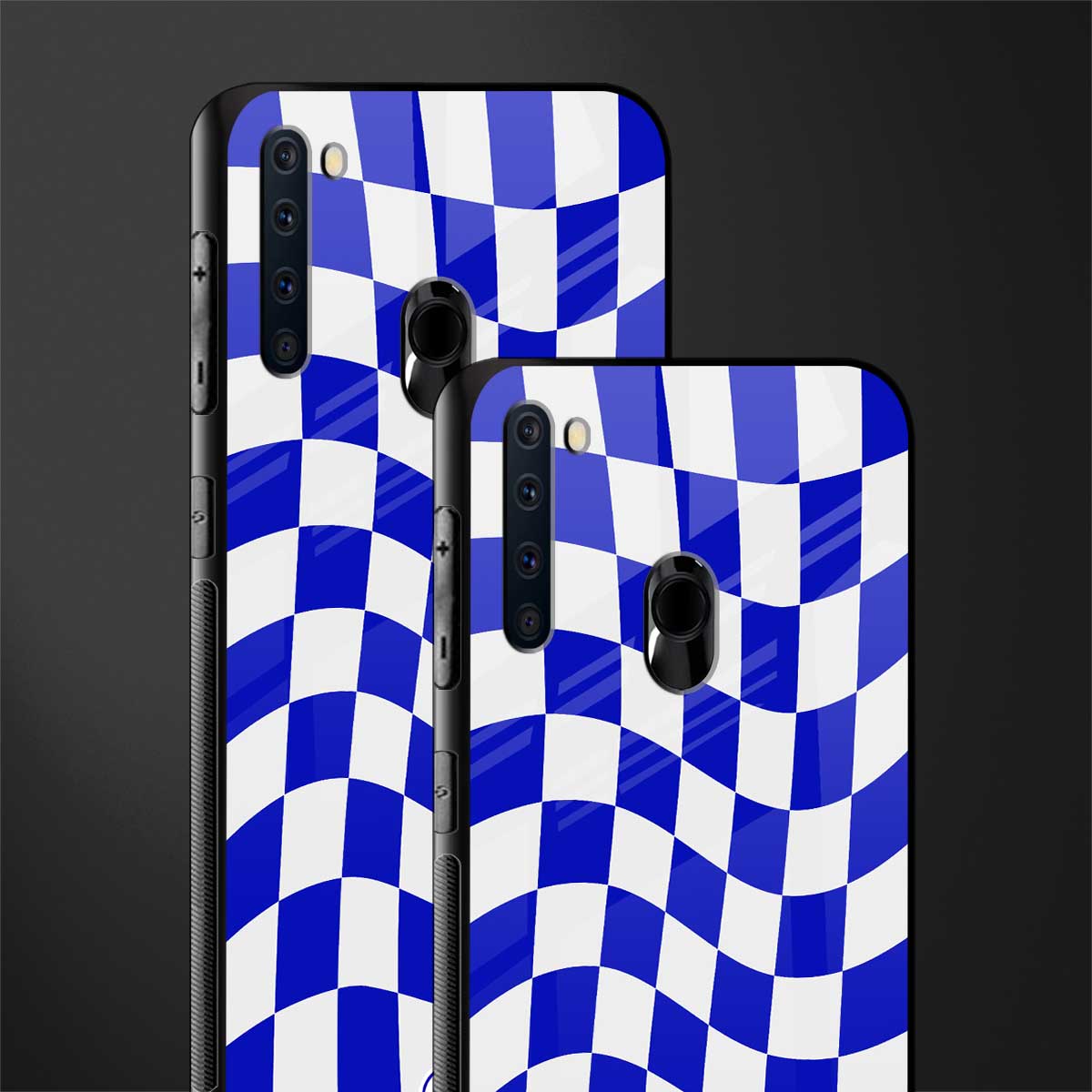 blue white trippy check pattern glass case for samsung a21 image-2
