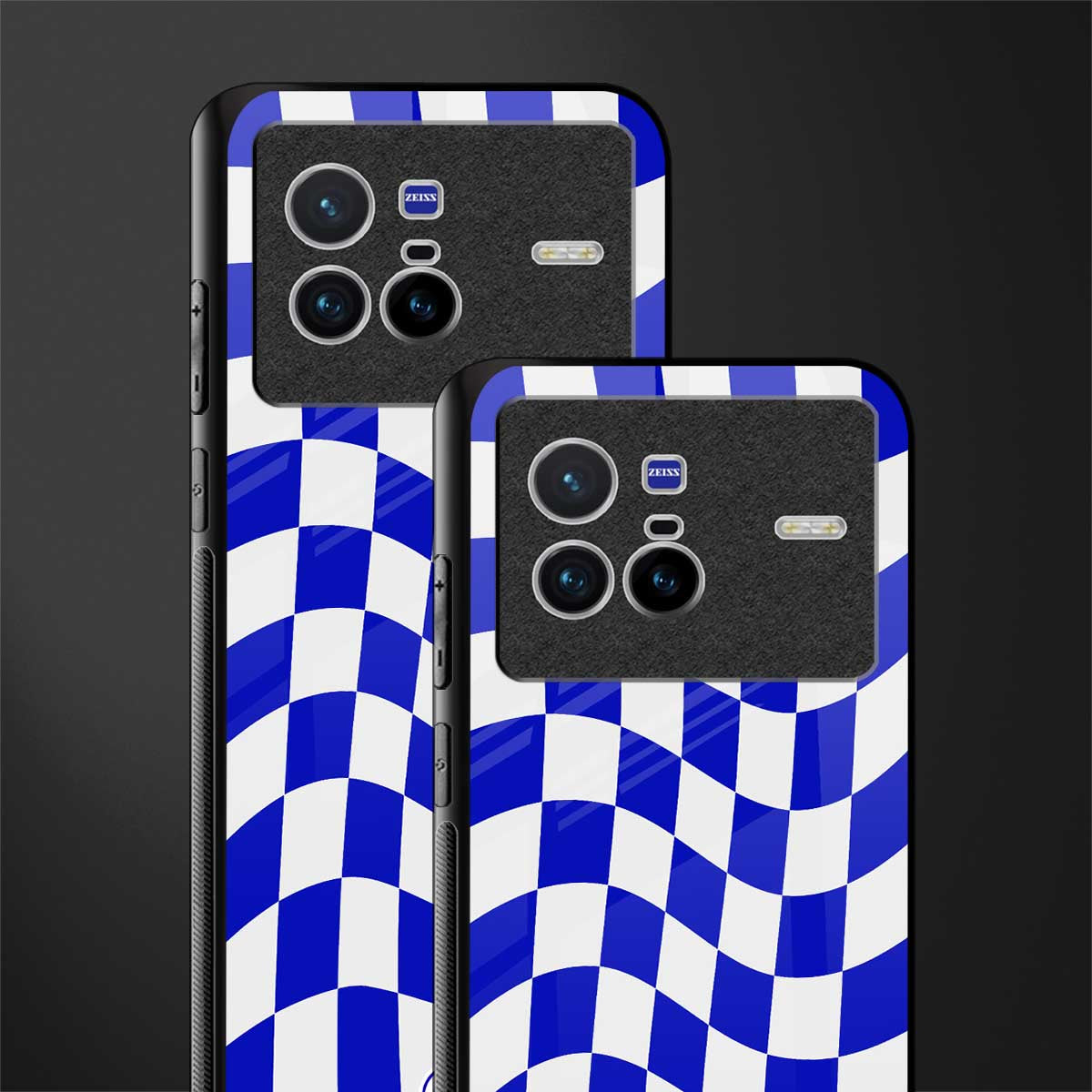 blue white trippy check pattern glass case for vivo x80 image-2