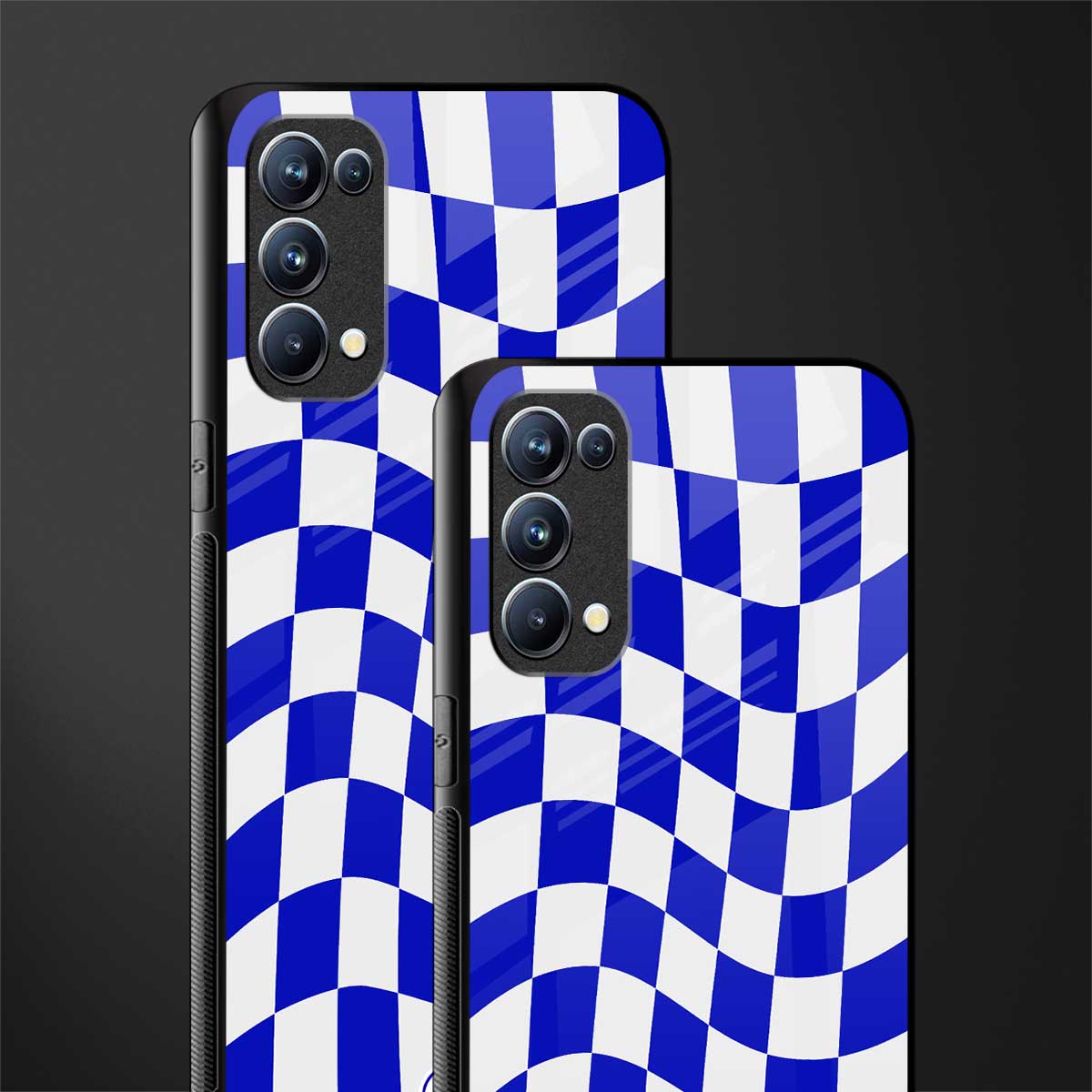 blue white trippy check pattern back phone cover | glass case for oppo reno 5