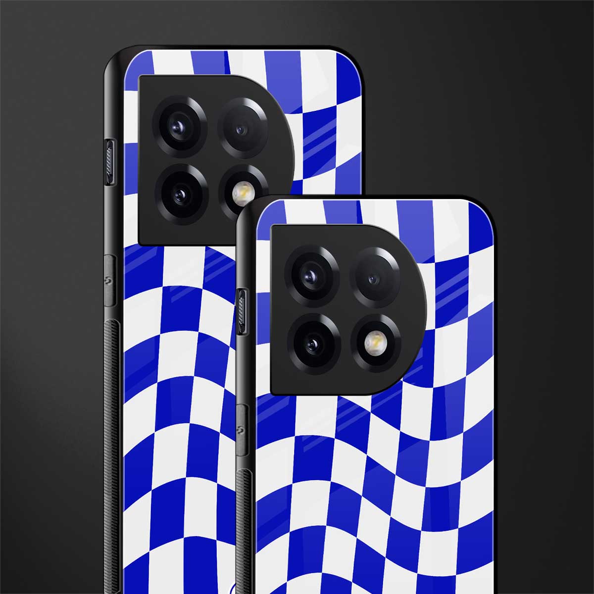 blue white trippy check pattern back phone cover | glass case for oneplus 11