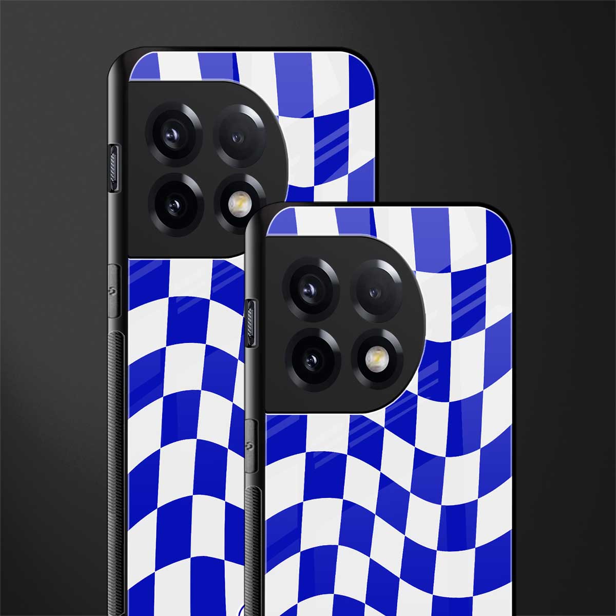blue white trippy check pattern back phone cover | glass case for oneplus 11r