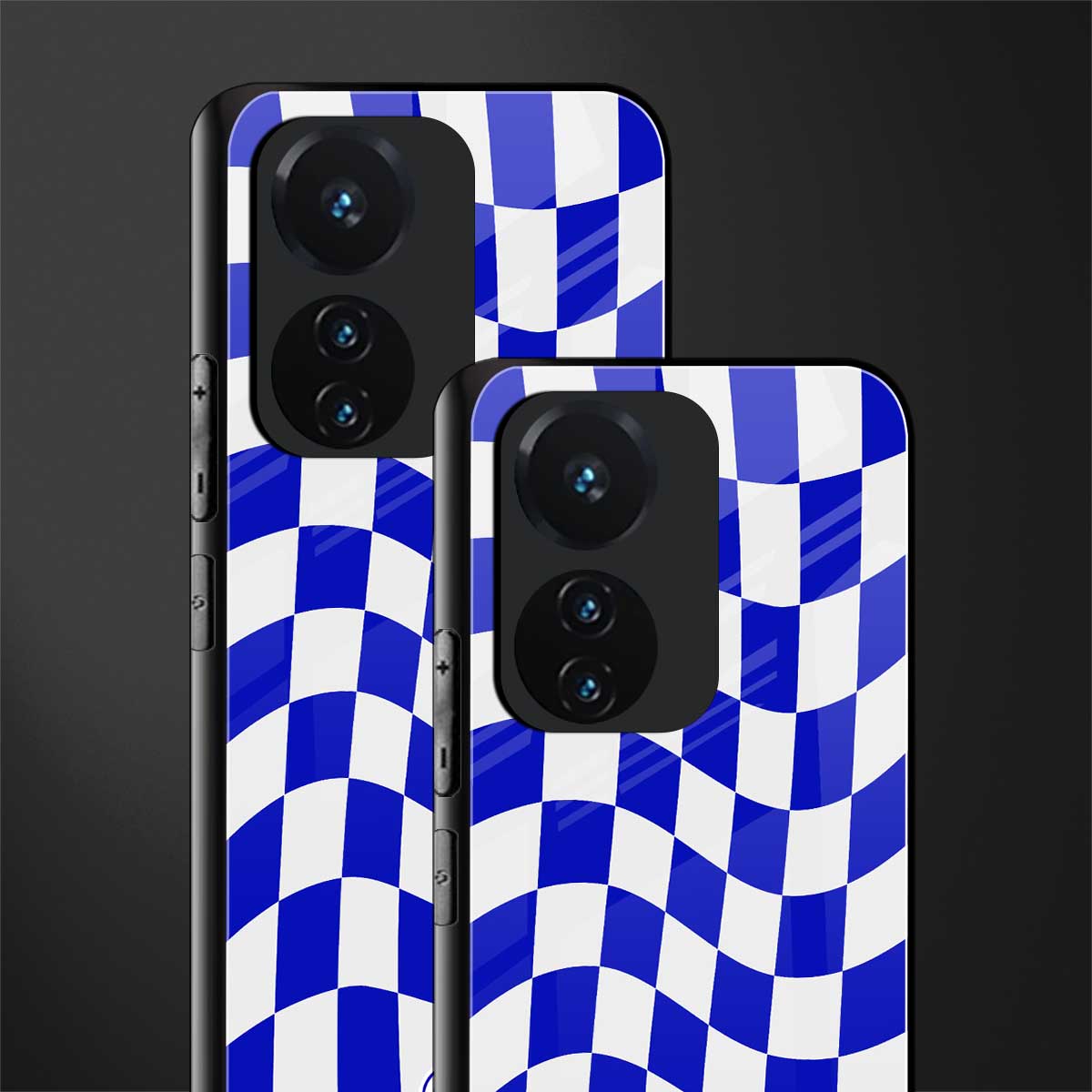 blue white trippy check pattern back phone cover | glass case for vivo t1 44w 4g