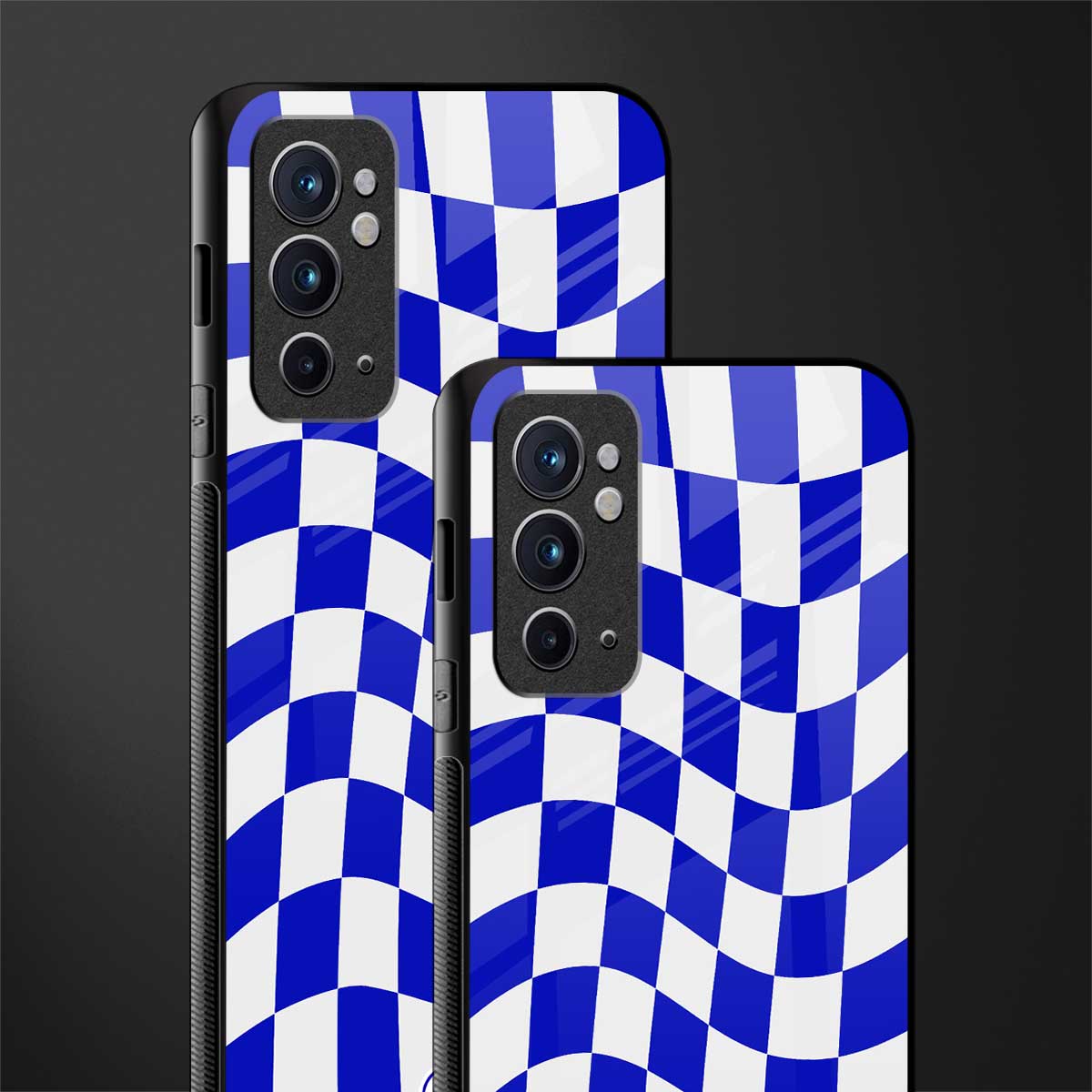 blue white trippy check pattern glass case for oneplus 9rt image-2