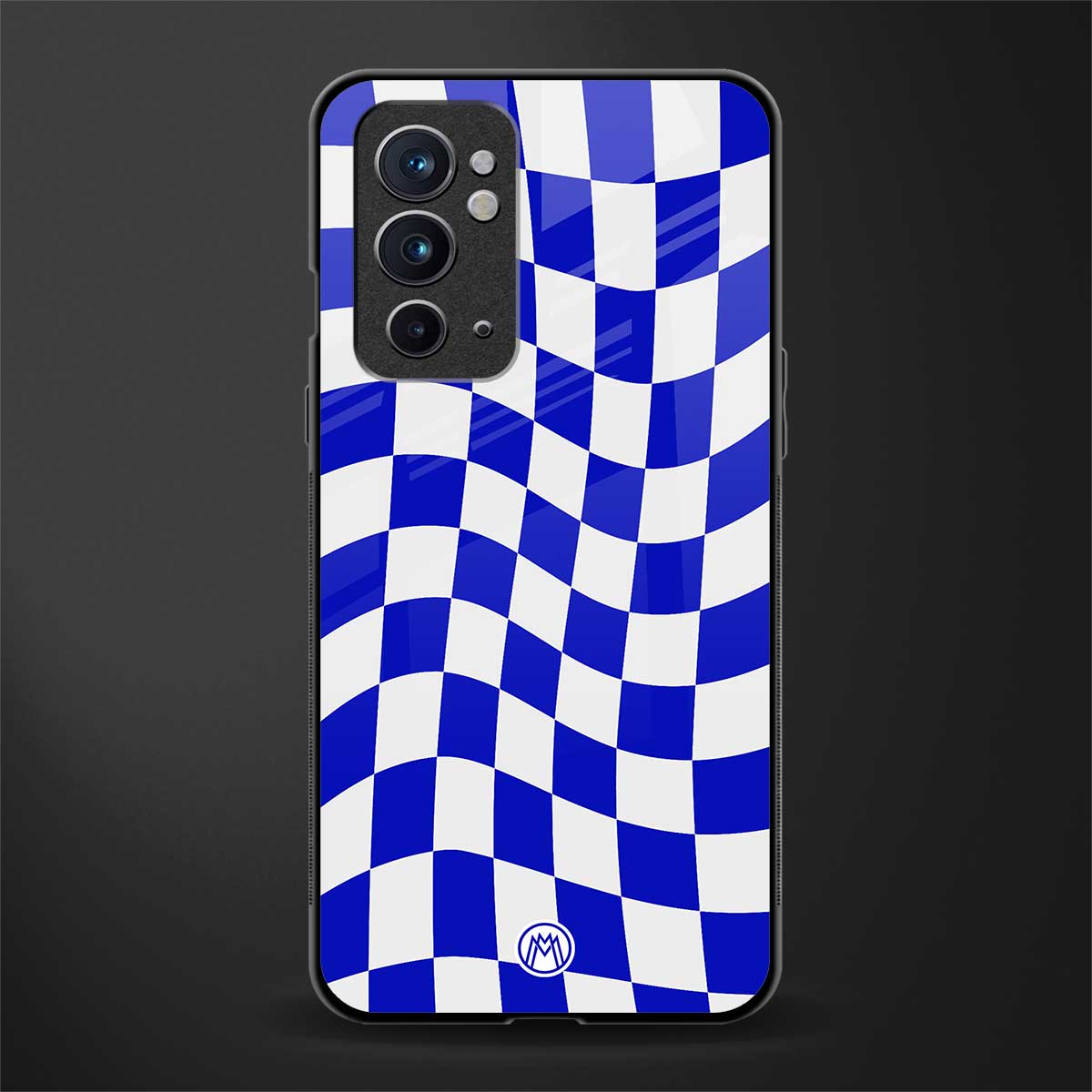 blue white trippy check pattern glass case for oneplus 9rt image
