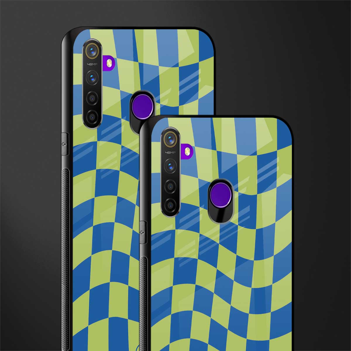 green blue trippy check pattern glass case for realme 5s image-2