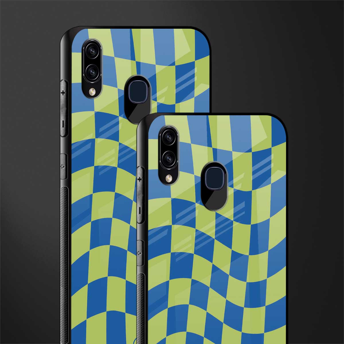 green blue trippy check pattern glass case for samsung galaxy a30 image-2