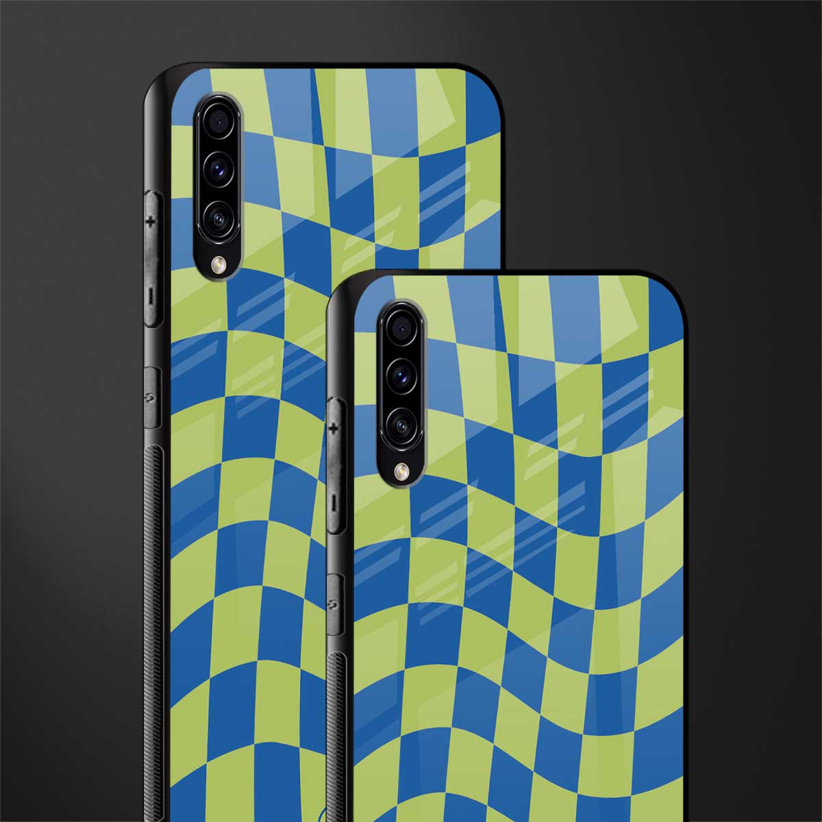 green blue trippy check pattern glass case for samsung galaxy a70 image-2