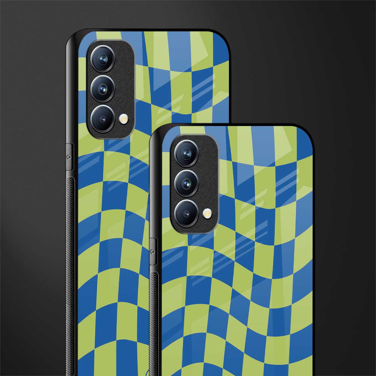 green blue trippy check pattern glass case for oppo f19 image-2