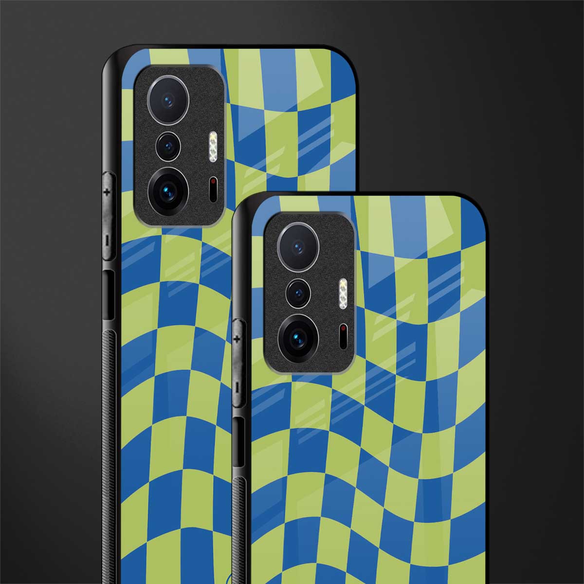 green blue trippy check pattern glass case for mi 11t pro 5g image-2