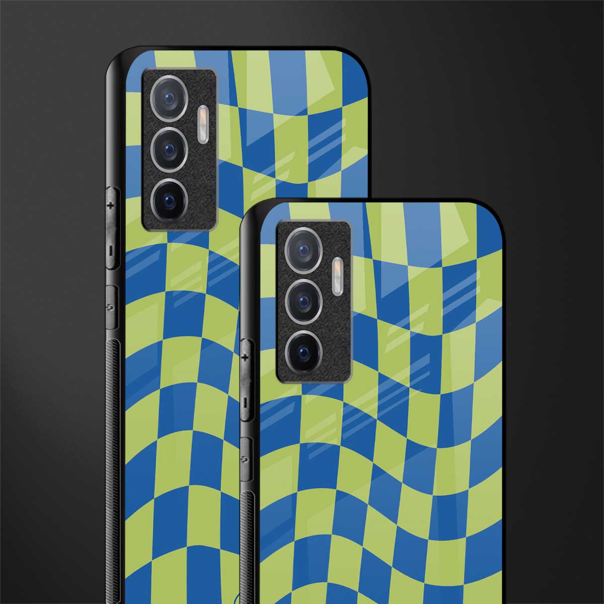 green blue trippy check pattern glass case for vivo v23e image-2