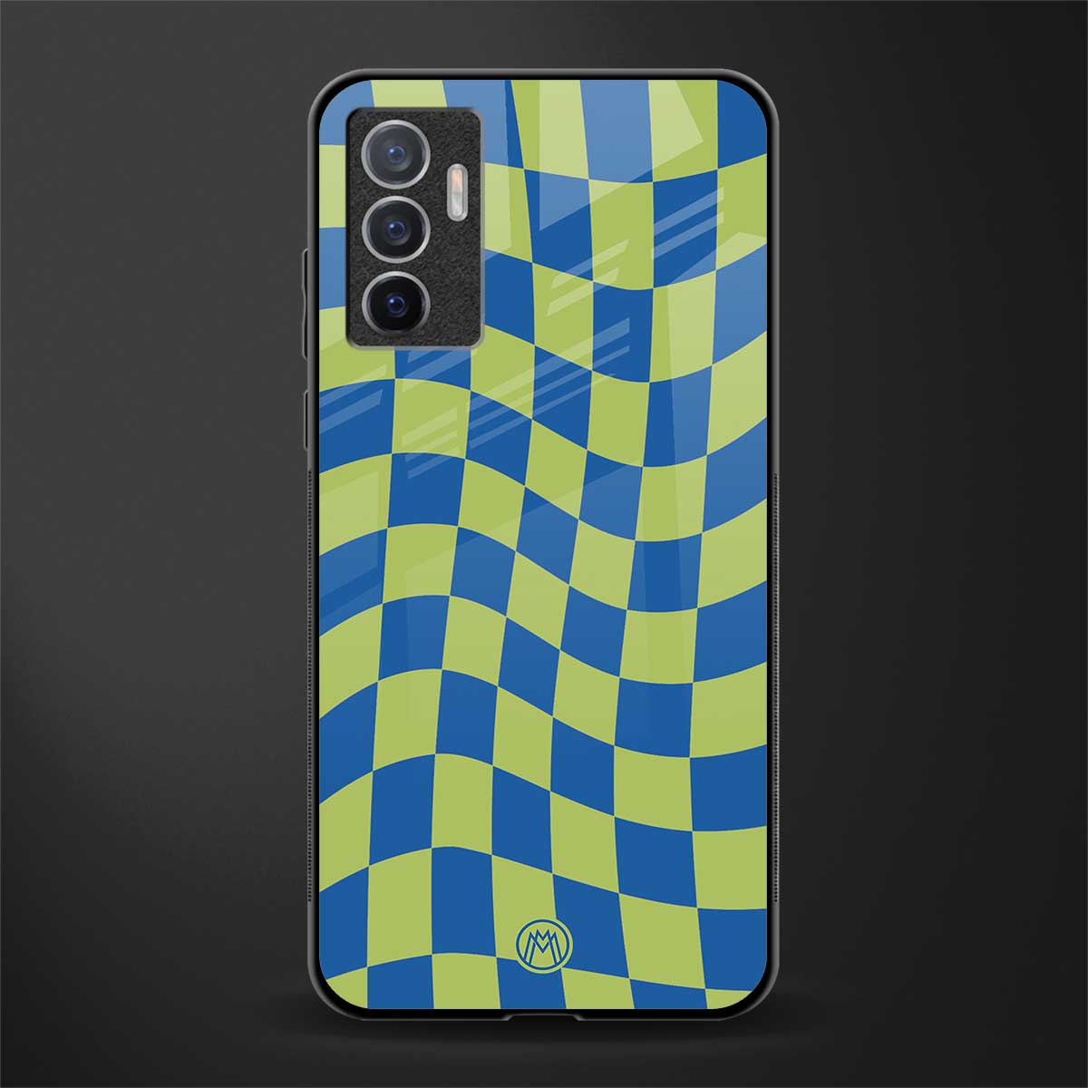 green blue trippy check pattern glass case for vivo v23e image