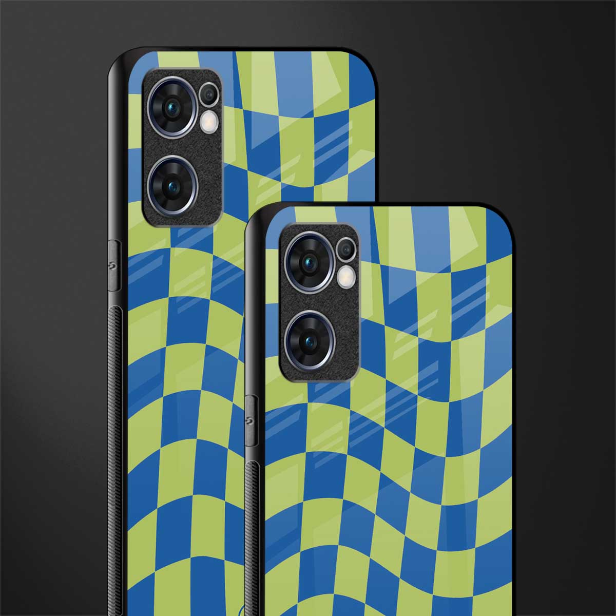 green blue trippy check pattern glass case for oppo reno7 5g image-2