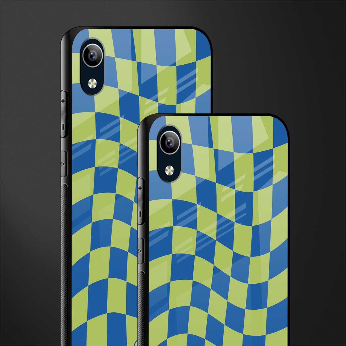 green blue trippy check pattern glass case for vivo y1s without fingerprint image-2