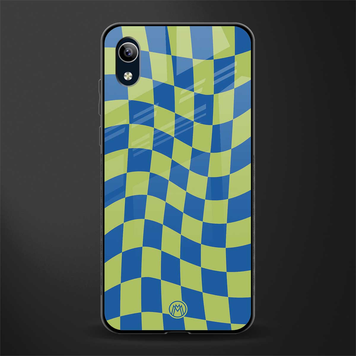 green blue trippy check pattern glass case for vivo y1s without fingerprint image