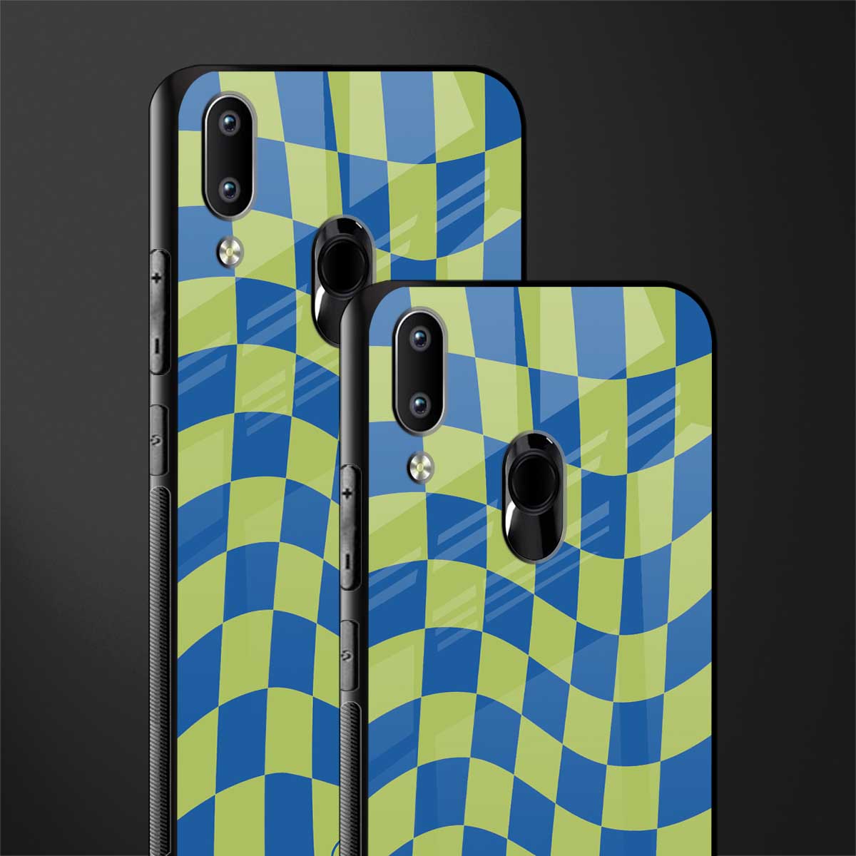 green blue trippy check pattern glass case for vivo y91 image-2