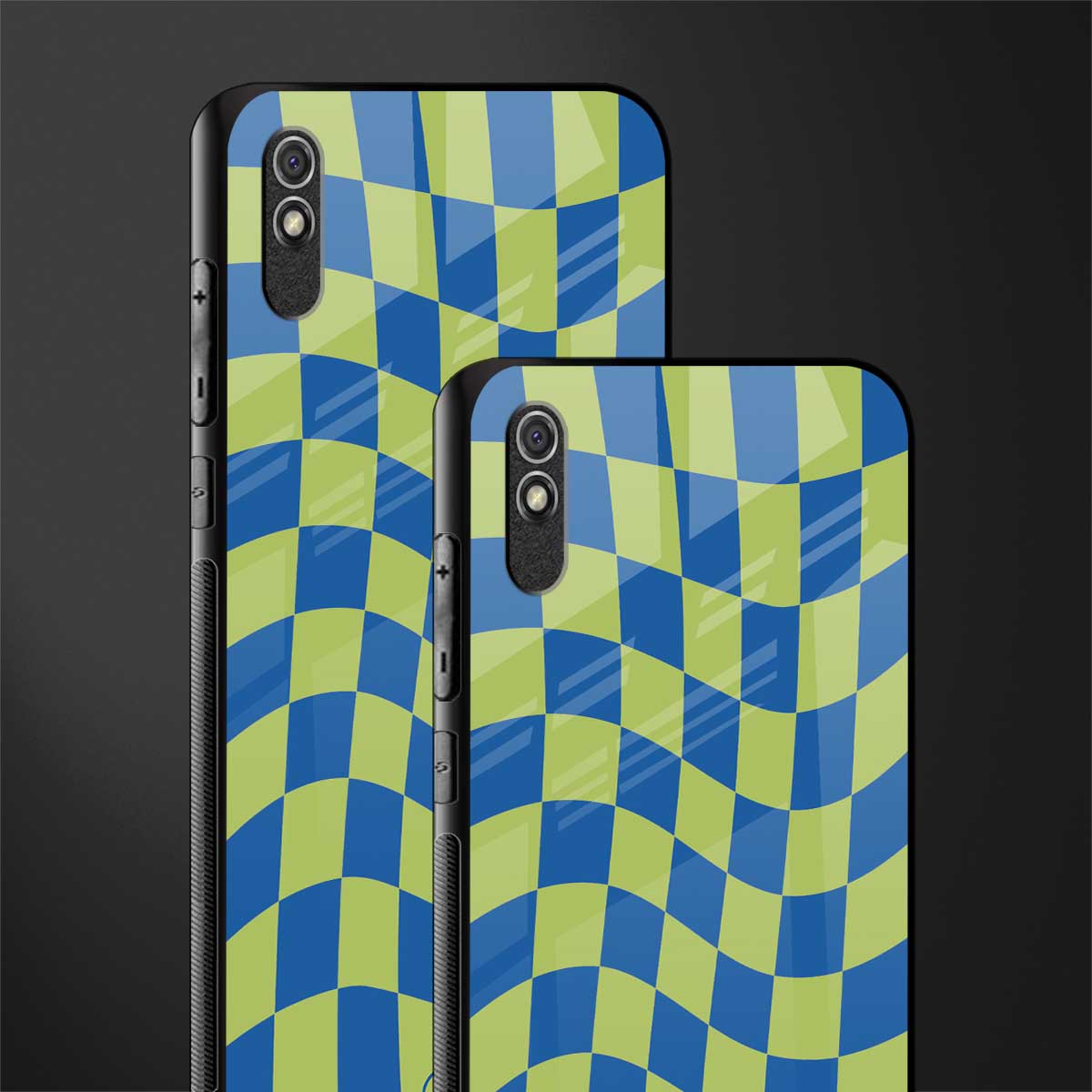 green blue trippy check pattern glass case for redmi 9i image-2