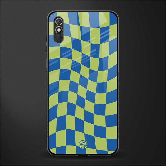 green blue trippy check pattern glass case for redmi 9a image