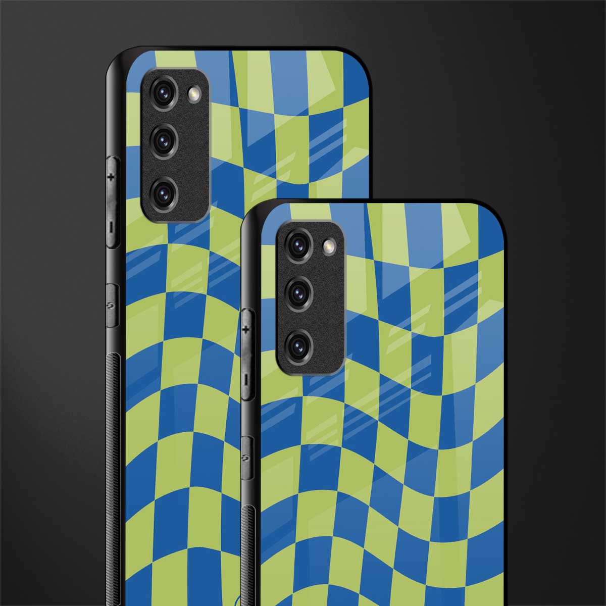 green blue trippy check pattern glass case for samsung galaxy s20 fe image-2