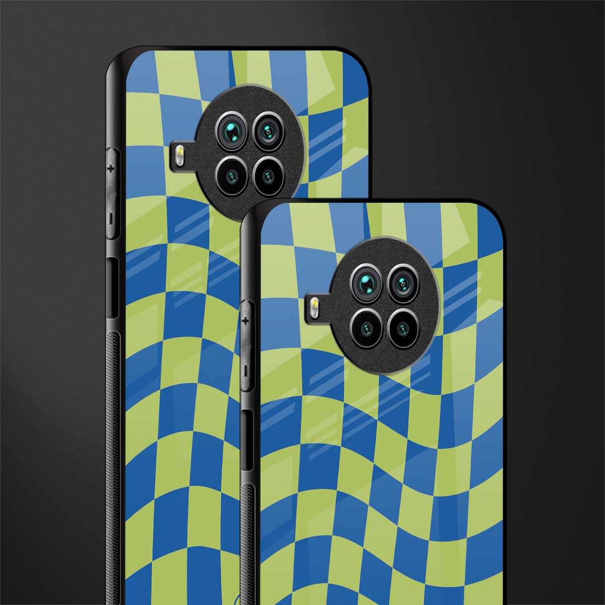 green blue trippy check pattern glass case for mi 10i image-2