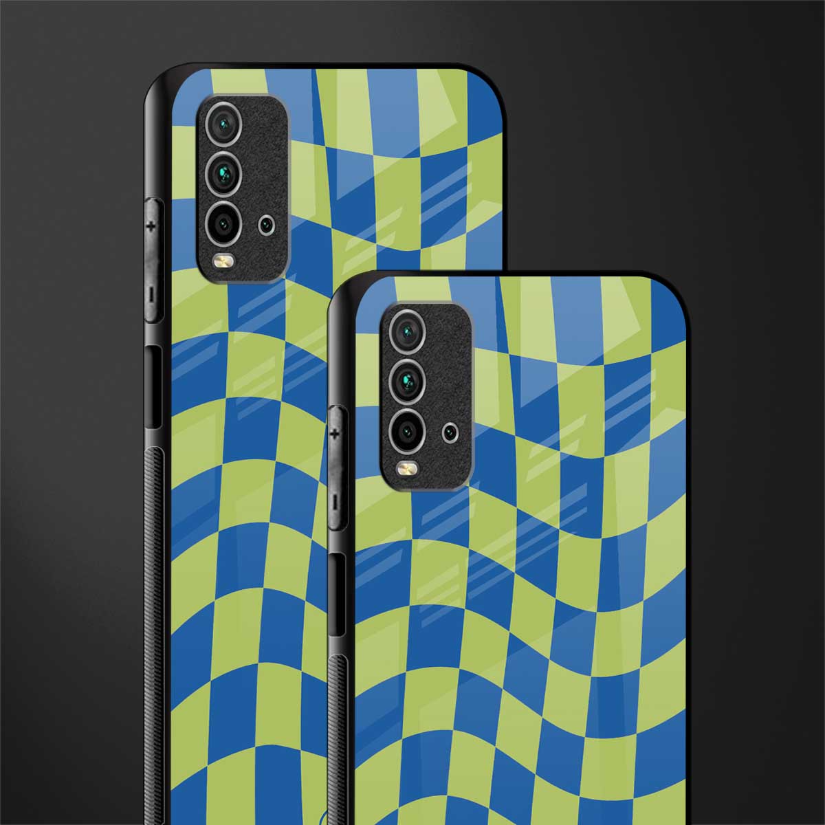 green blue trippy check pattern glass case for redmi 9 power image-2