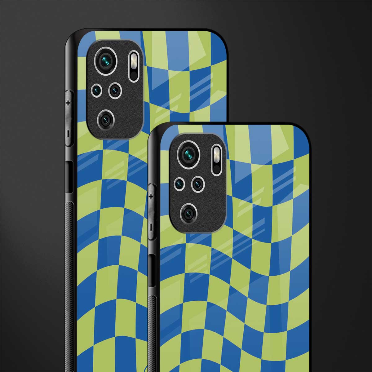 green blue trippy check pattern glass case for redmi note 10s image-2