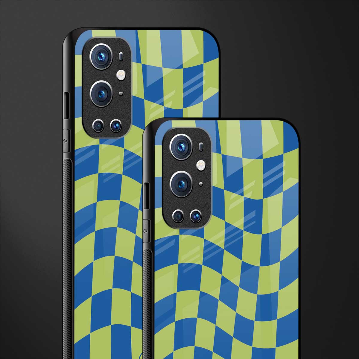 green blue trippy check pattern glass case for oneplus 9 pro image-2