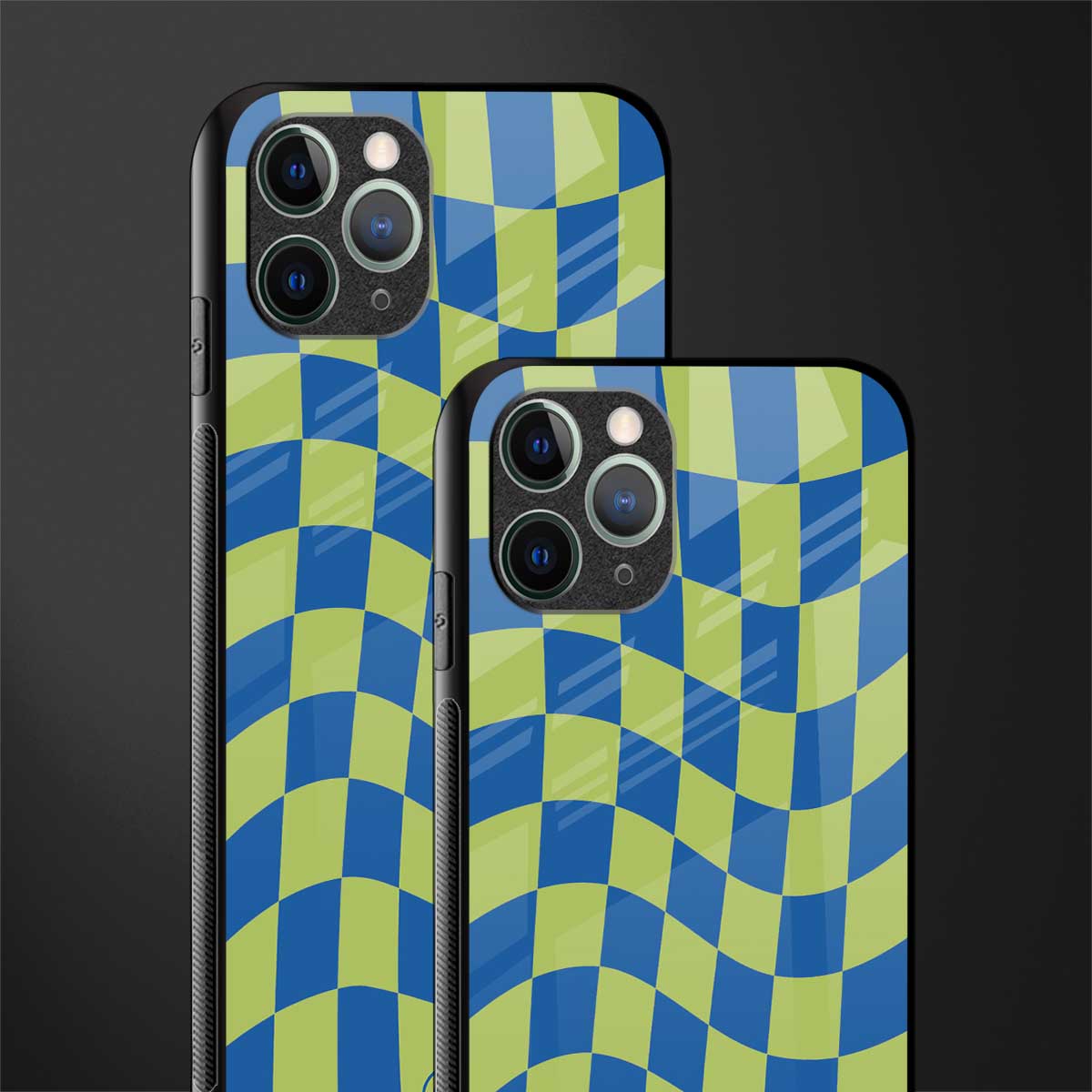 green blue trippy check pattern glass case for iphone 11 pro max image-2