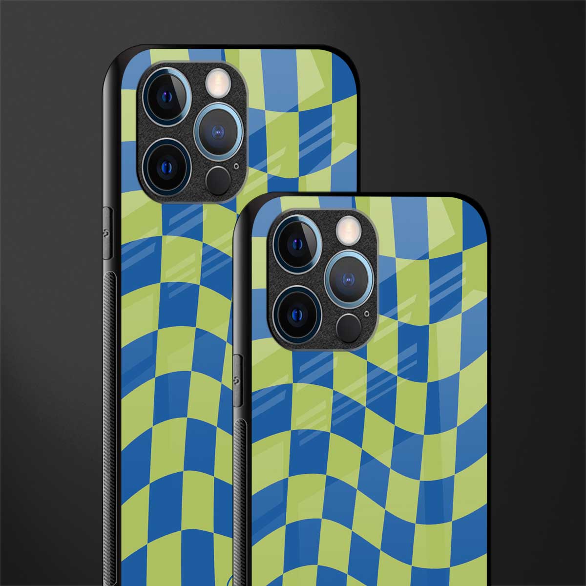 green blue trippy check pattern glass case for iphone 12 pro image-2