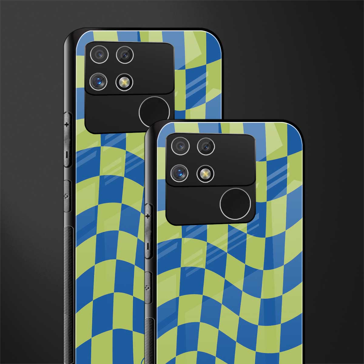 green blue trippy check pattern back phone cover | glass case for realme narzo 50a
