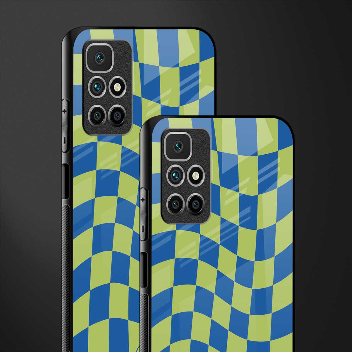 green blue trippy check pattern glass case for redmi 10 prime image-2