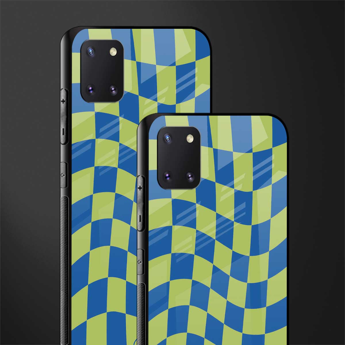 green blue trippy check pattern glass case for samsung a81 image-2