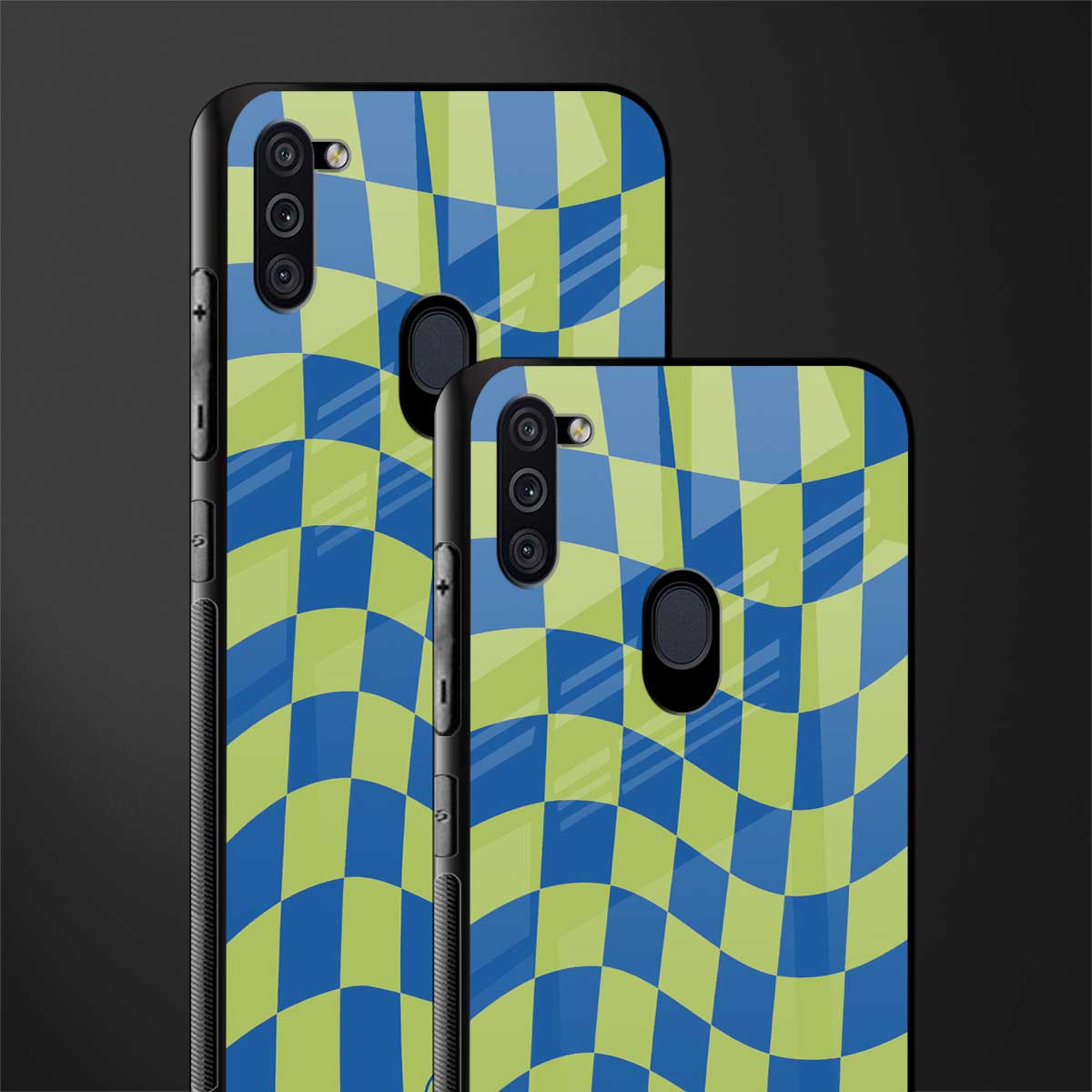 green blue trippy check pattern glass case for samsung a11 image-2