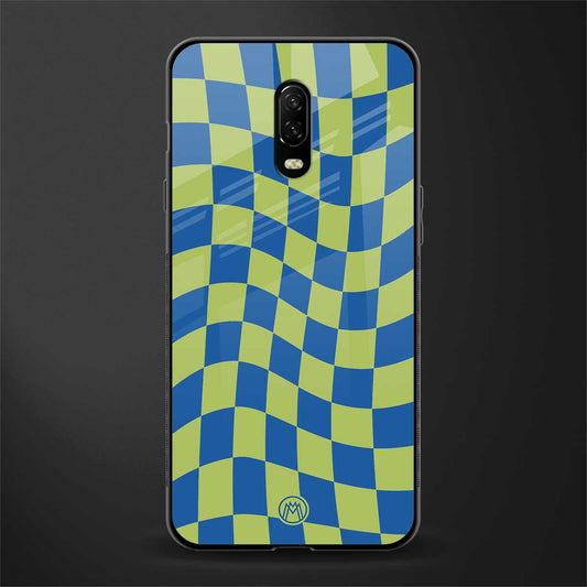 green blue trippy check pattern glass case for oneplus 6t image