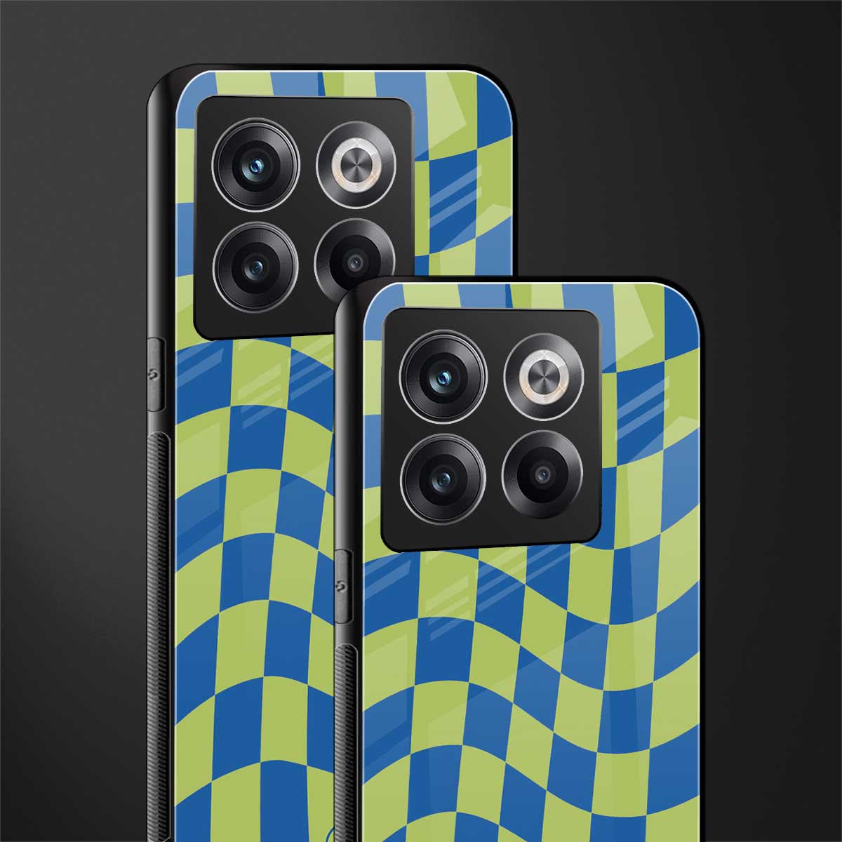 green blue trippy check pattern back phone cover | glass case for oneplus 10t