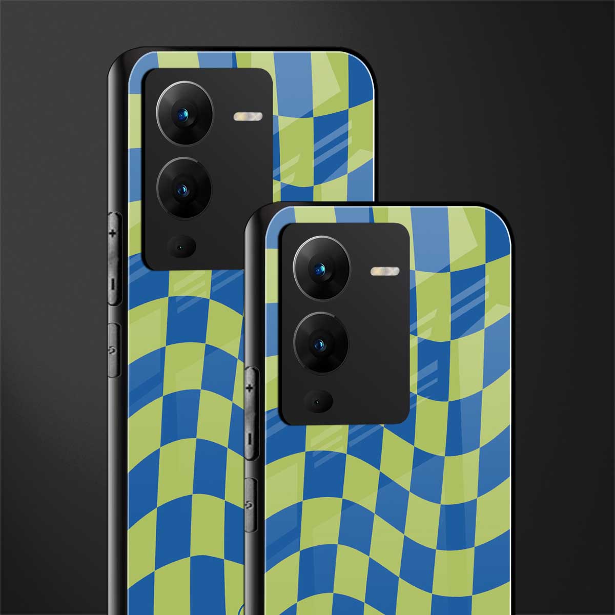 green blue trippy check pattern back phone cover | glass case for vivo v25 pro 5g