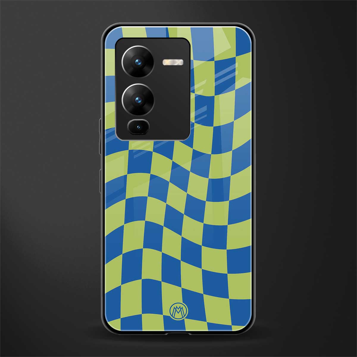 green blue trippy check pattern back phone cover | glass case for vivo v25 pro 5g