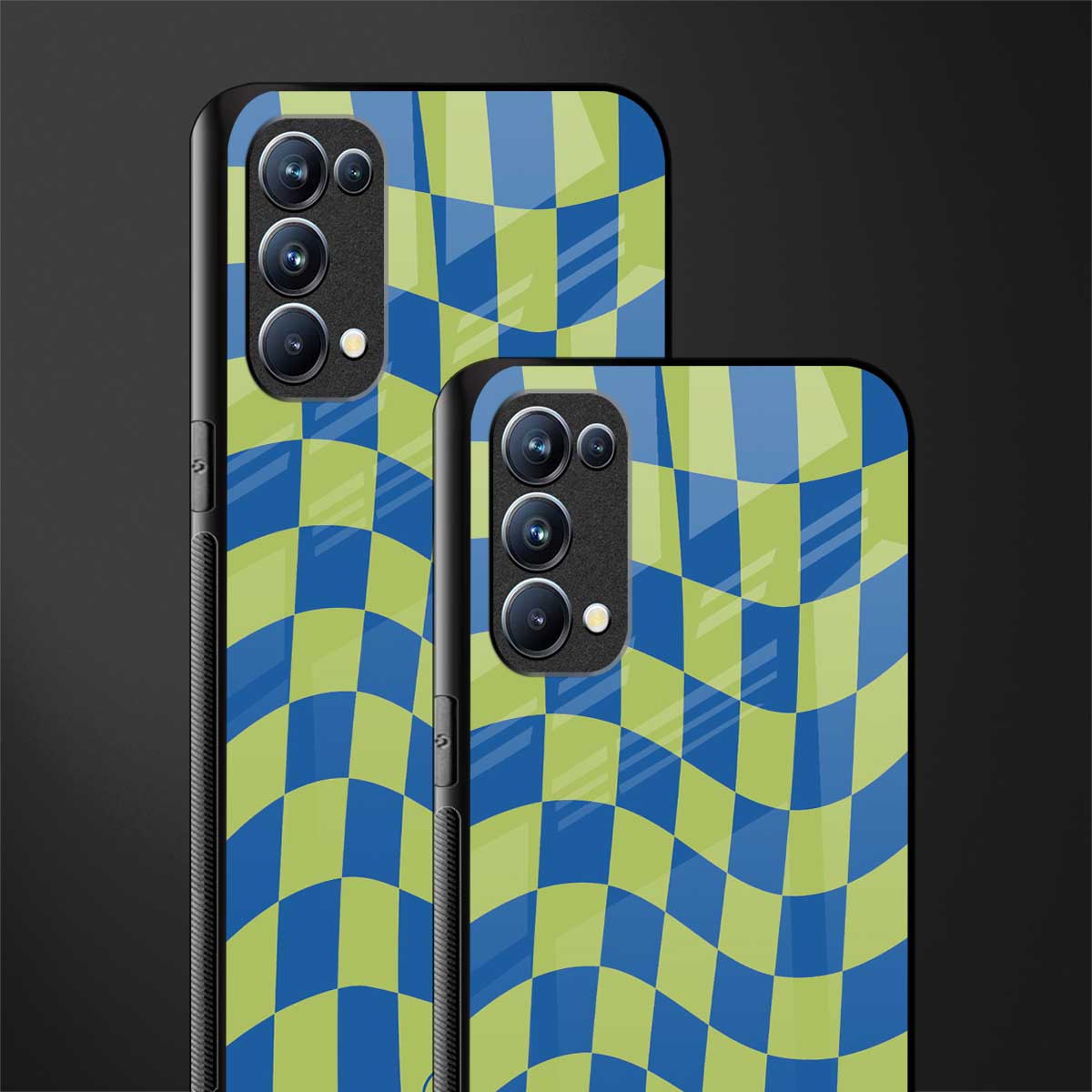 green blue trippy check pattern back phone cover | glass case for oppo reno 5