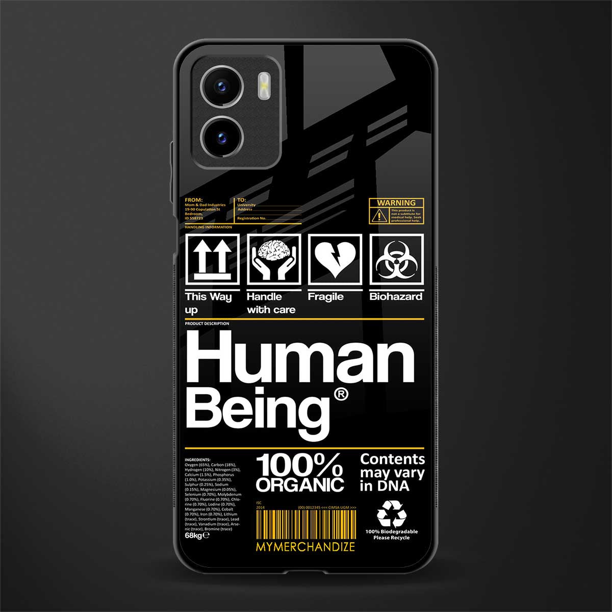 human being label back phone cover | glass case for vivo y72