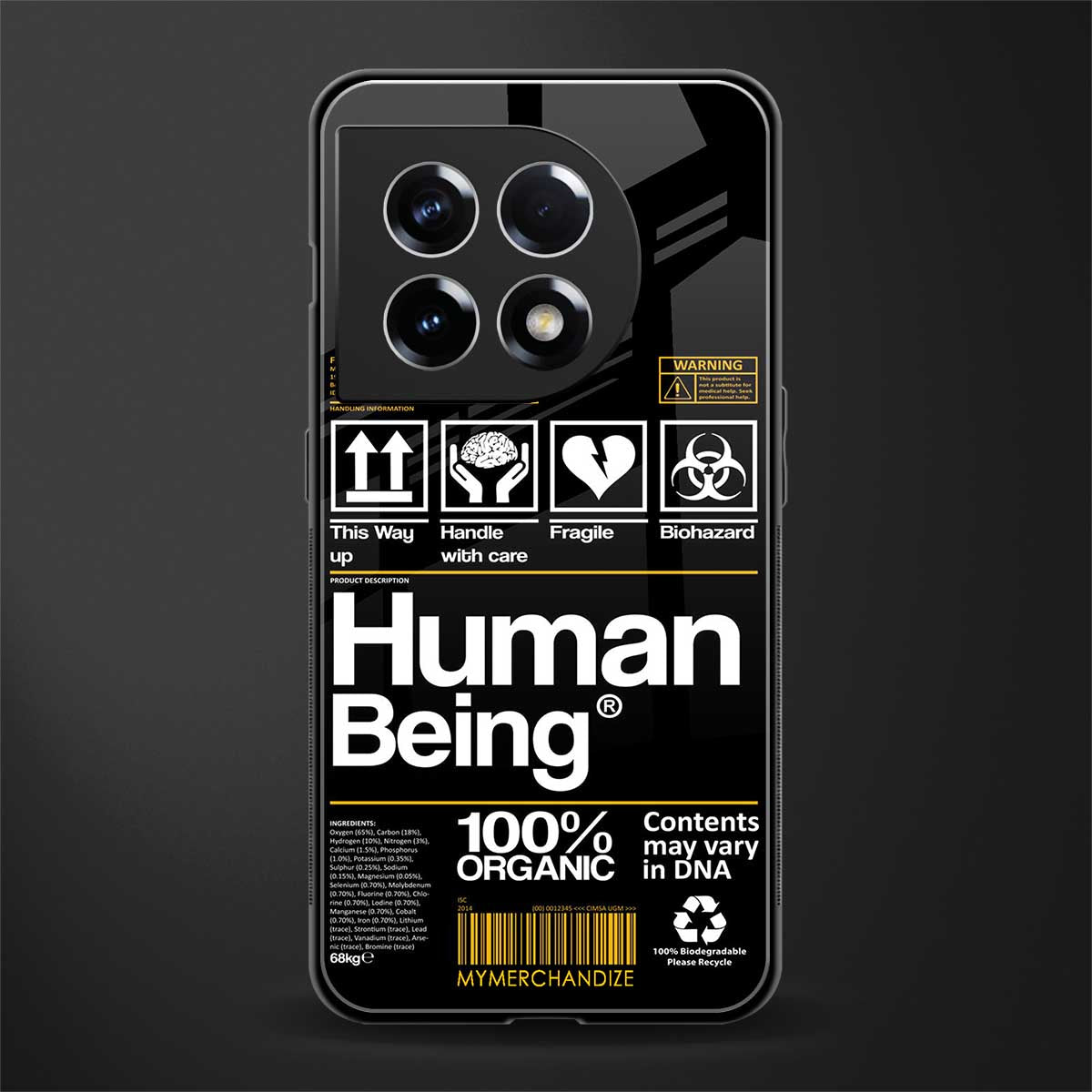 human being label back phone cover | glass case for oneplus 11