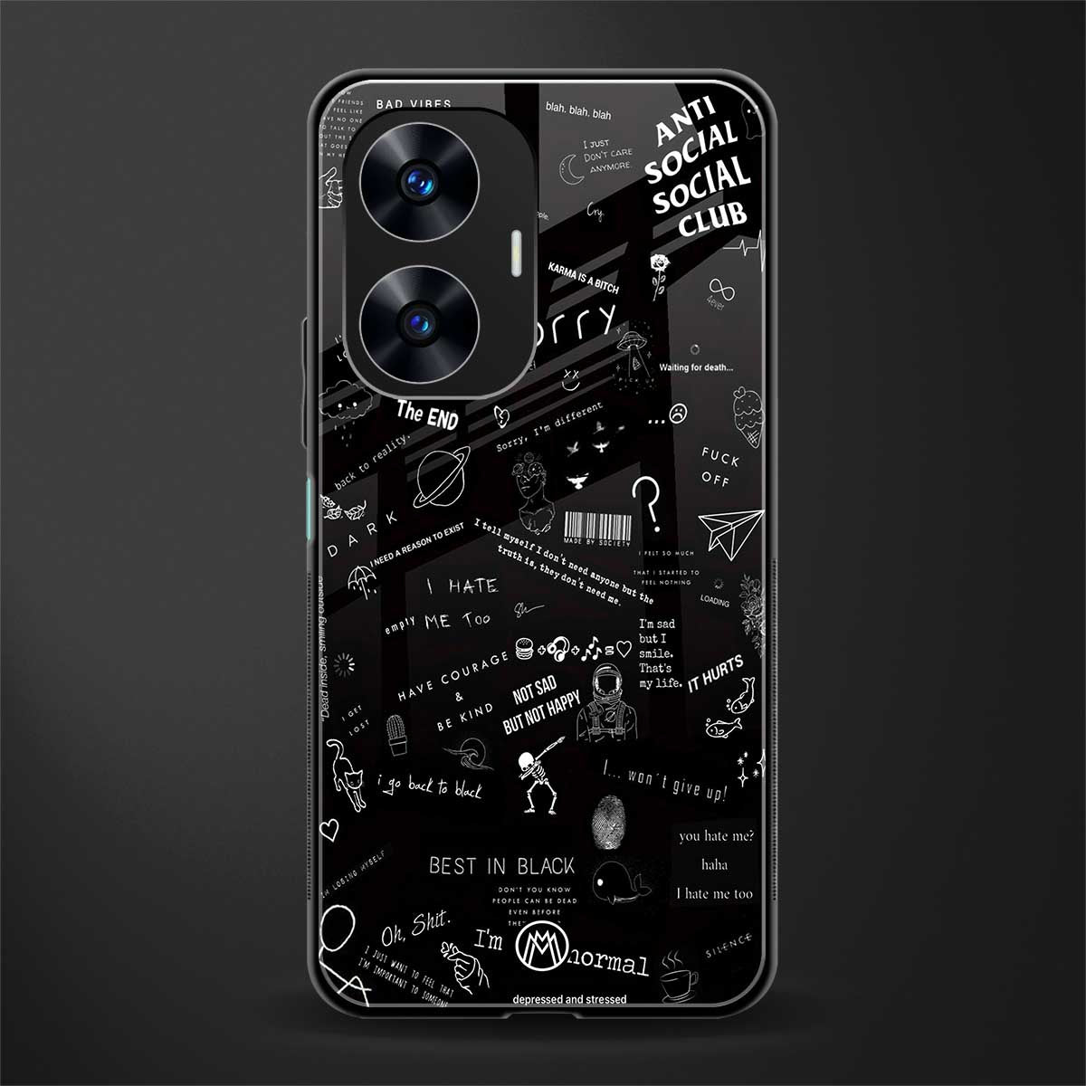 minimalistic black aesthetic collage back phone cover | glass case for realme c55